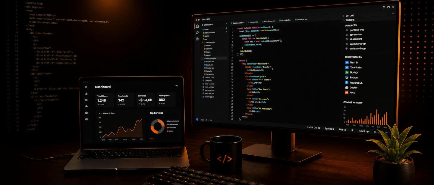 Un laptop e un monitor che mostrano codice software e dashboard aziendali.